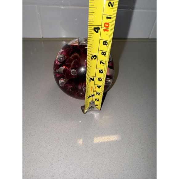 Vintage 2003 Joe Rice Glass Paperweight,Cranberry Pink Trumpet Flowers & Bubbles - Picture 6 of 7